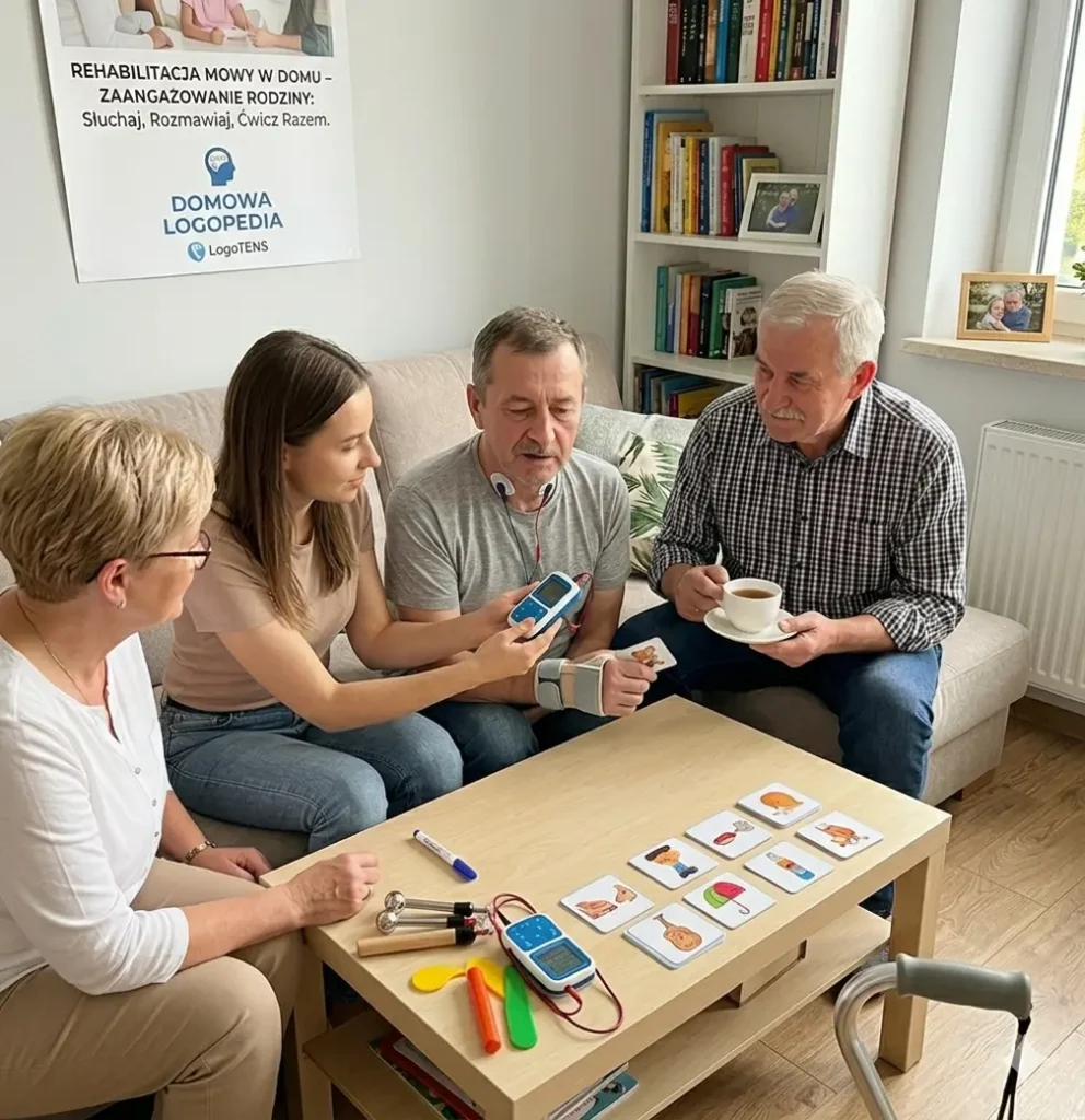 Logopeda instruuje pacjenta z elektrodami na szyi i urządzeniem do elektrostymulacji logopedycznej (TENS/EMS) w domowych warunkach. Rodzina obserwuje ćwiczenia. Na stole widoczne karty do ćwiczeń mowy i drugi stymulator. W tle plakat "Domowa Logopedia – Rehabilitacja mowy w domu".